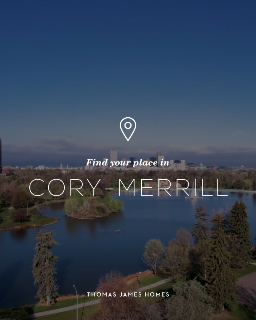 Find your place in Cory-Merrill, text overlay with serene pond + golf course image
