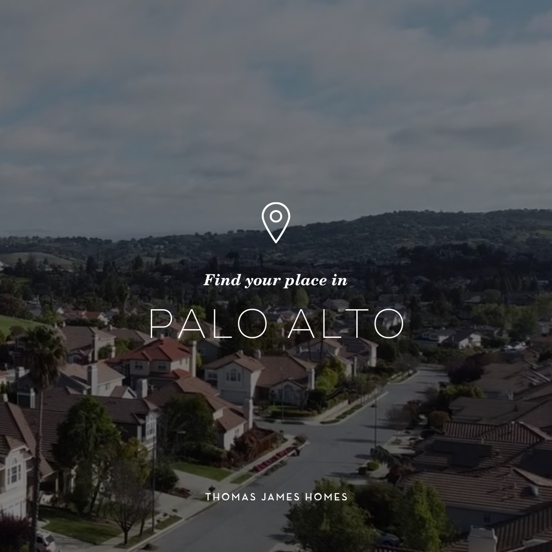 Text reads: Find your place in Palo Alto Dark overly + drone image of suburban neighborhood