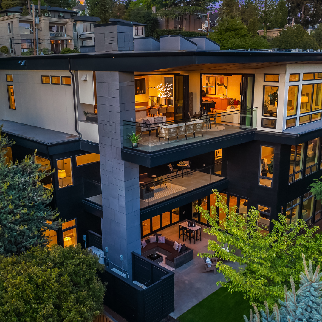 Aerial image of exterior living space of modern, luxury TJH Pacific Northwest home