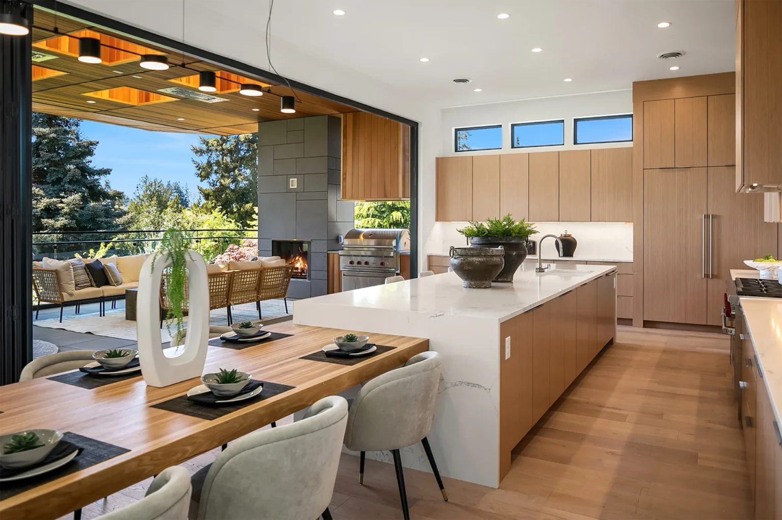 Bellevue Modern Style kitchen island with adjacent table
