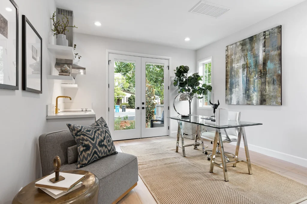 Menlo Park Cottage Style interior flex space with mini-bar