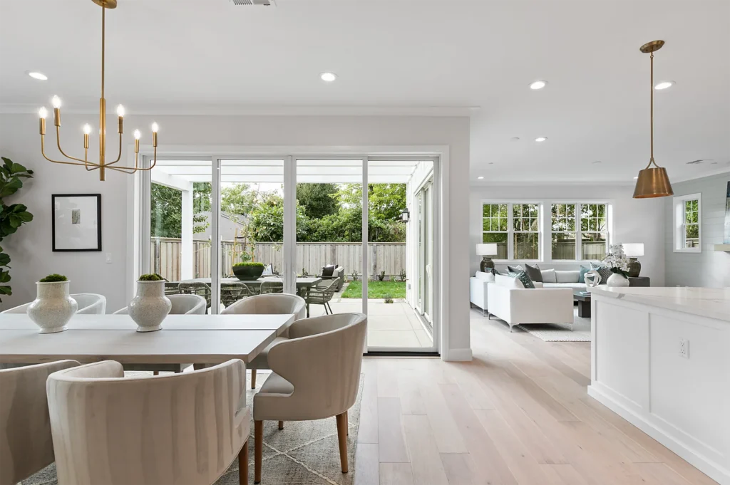 Menlo Park Cottage Style dining room with sliding glass doors