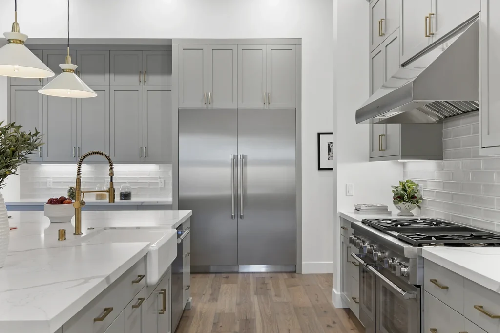 Atherton Single Story Farmhouse kitchen island, range, fridge