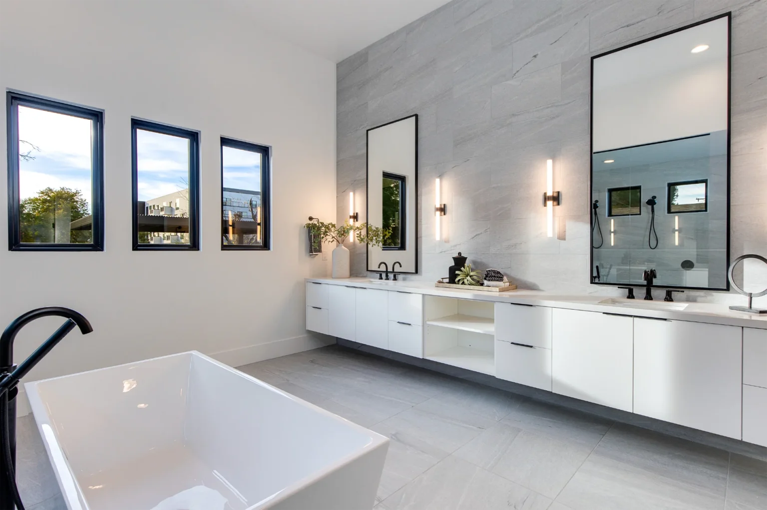 Phoenix Modern Style master bathroom, two vanities, large tub, raised ceilings