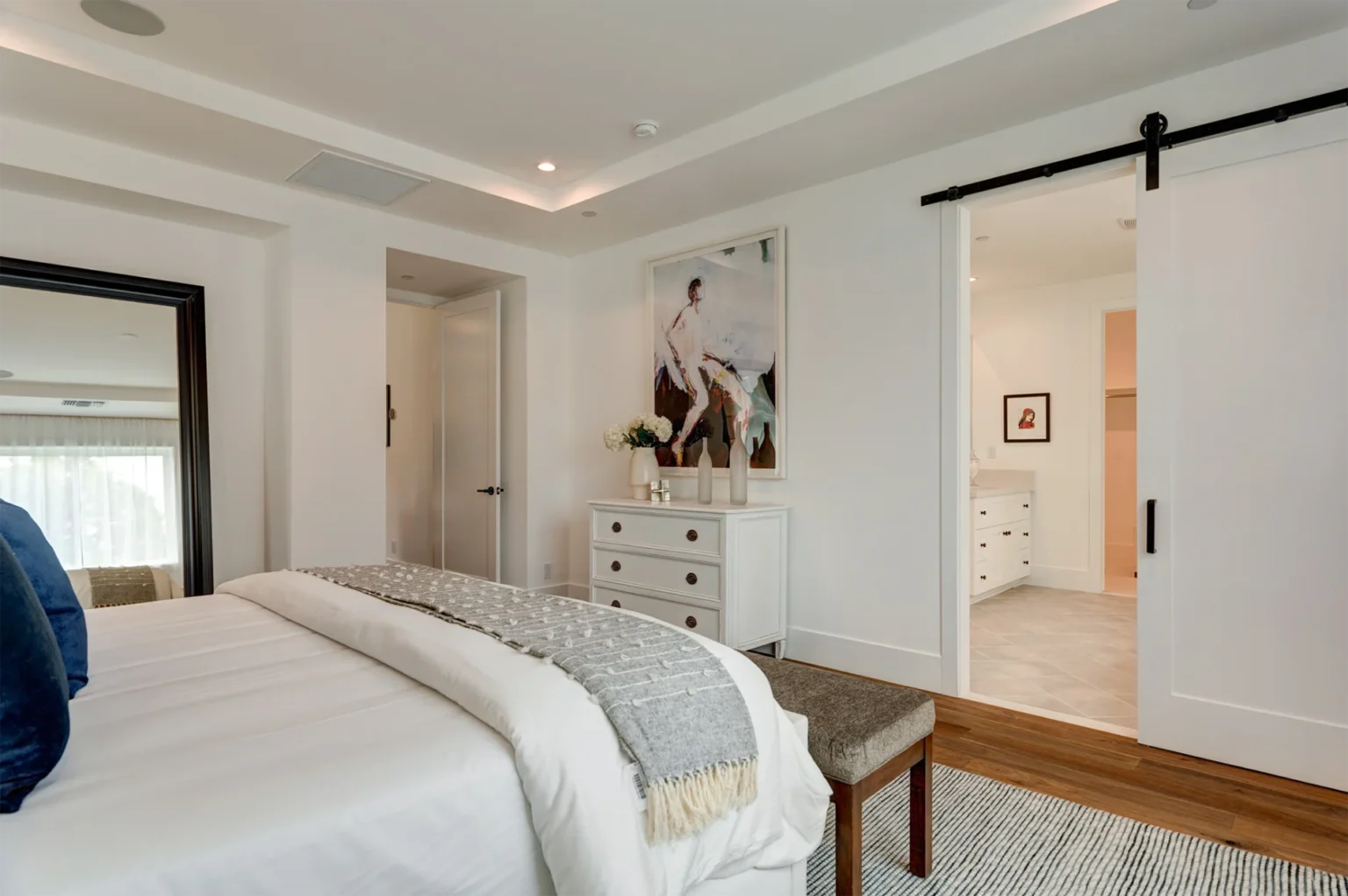 Brentwood Modern Farmhouse master bedroom with bathroom