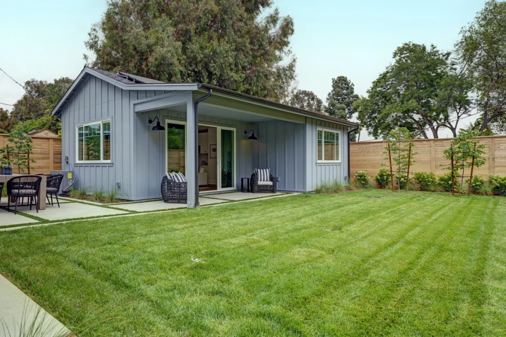 Brentwood Modern Farmhouse back yard with patio