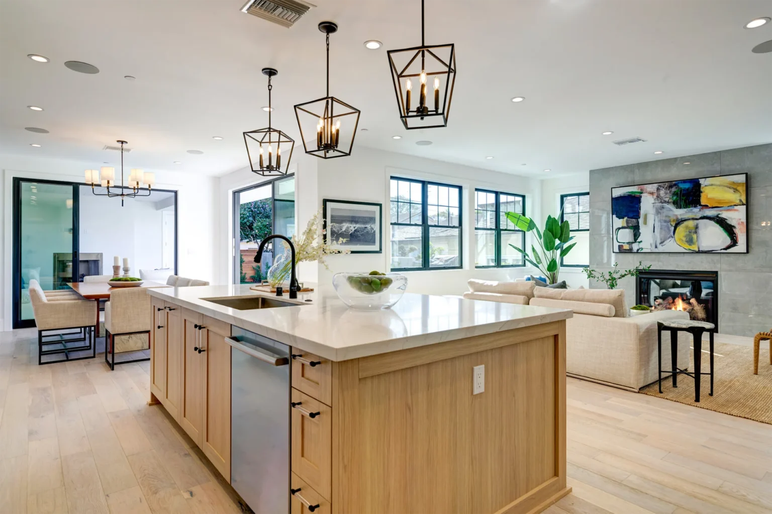 Manhattan Beach Custom kitchen with large island and hanging lights