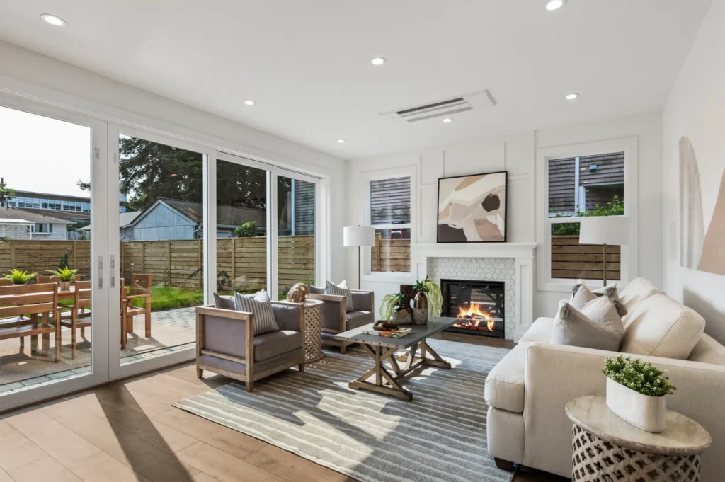 Seattle Traditional Style Home living room with large sliding glass doors