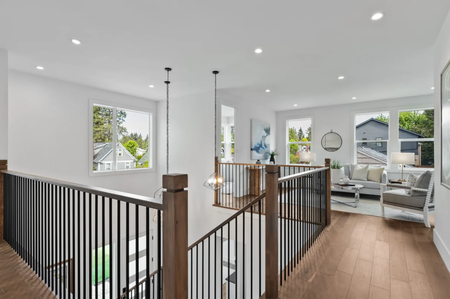 Seattle Transitional Style Home Interior second story overlook and stairs