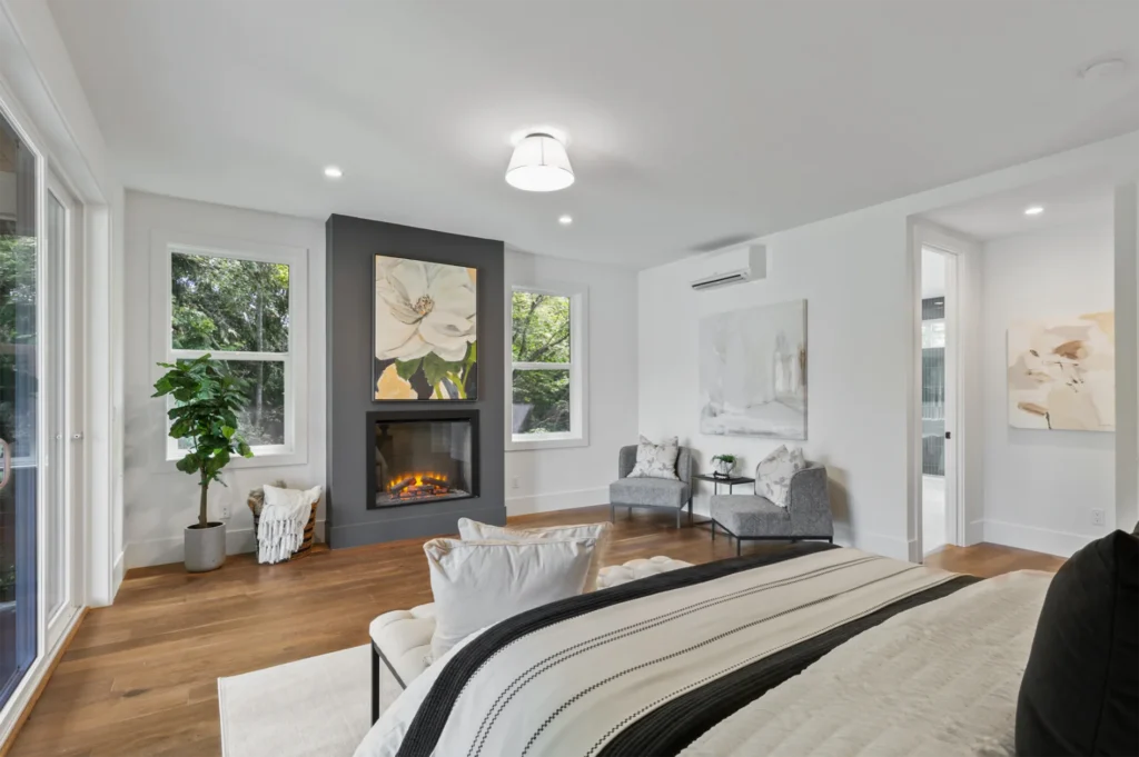 Seattle Transitional Style Home Interior Master bedroom with fireplace