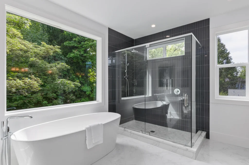 Seattle Transitional Style Home Master bathroom with separate tub and shower