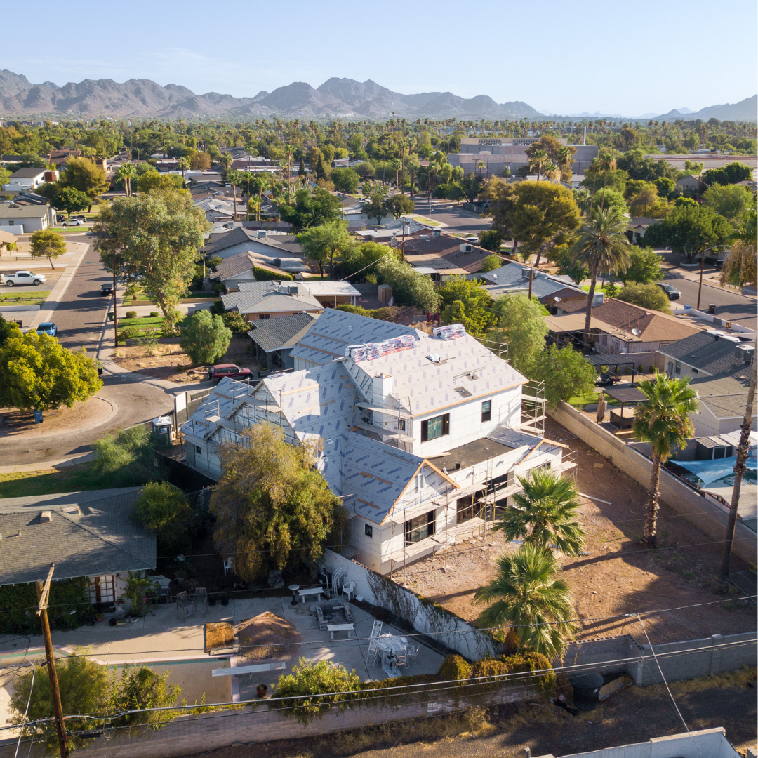 New Thomas James Home under construction in Arcadia, Phoenix, AZ, aerial view