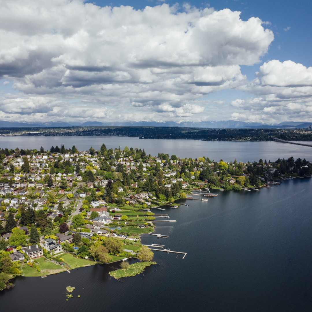 Aerial view of Bellevue shoreline in the greater Seattle area