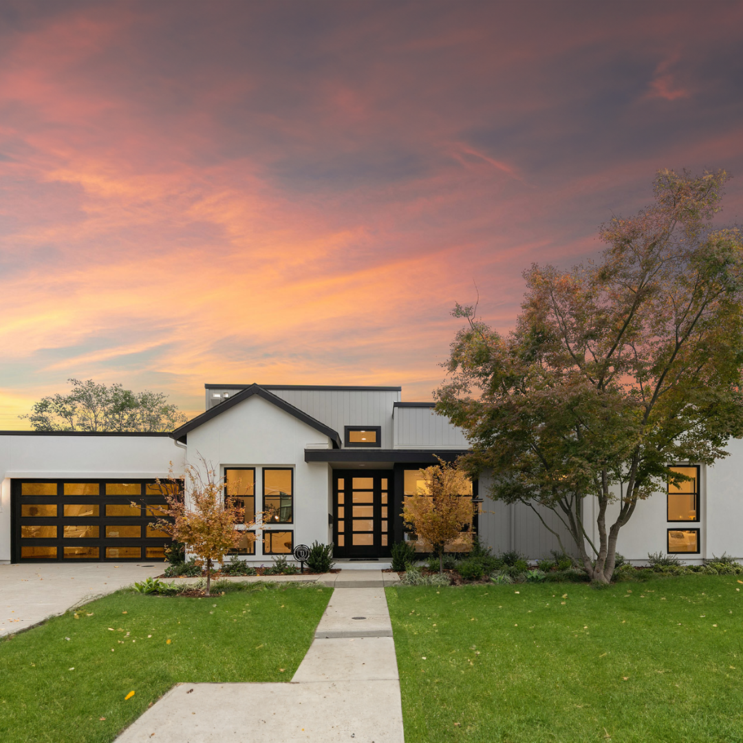 Exterior of TJH home at dusk