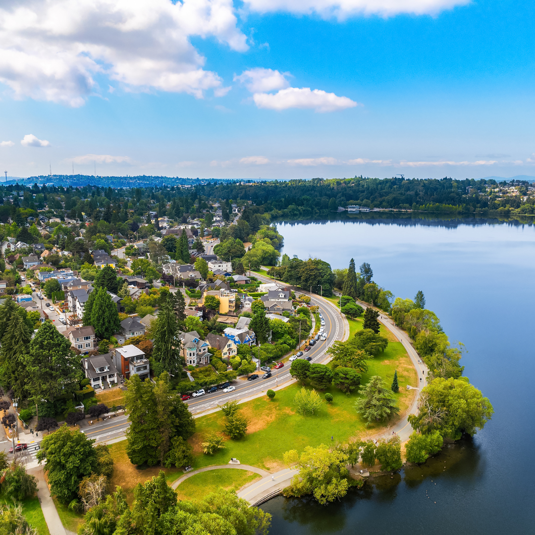 Aerial view of Pacific Northwest neighborhood Green Lake by the water front.