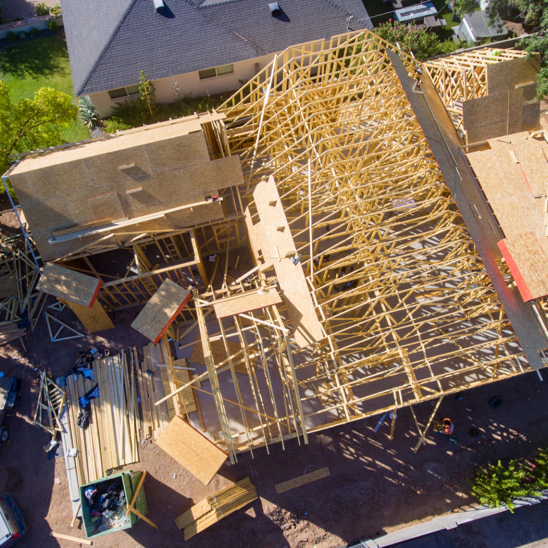 Aerial image of TJH home under construction at framing