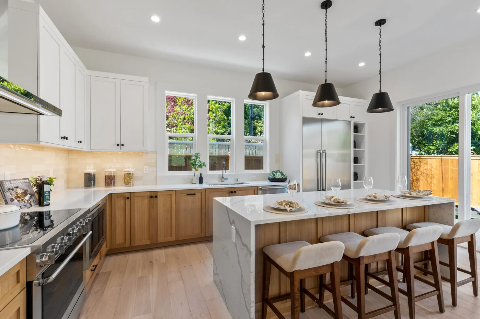 Modern kitchen with warm brown cabinets