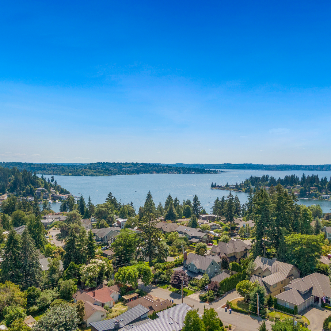 Aerial image of PNW coastline in a suburban neighborhood