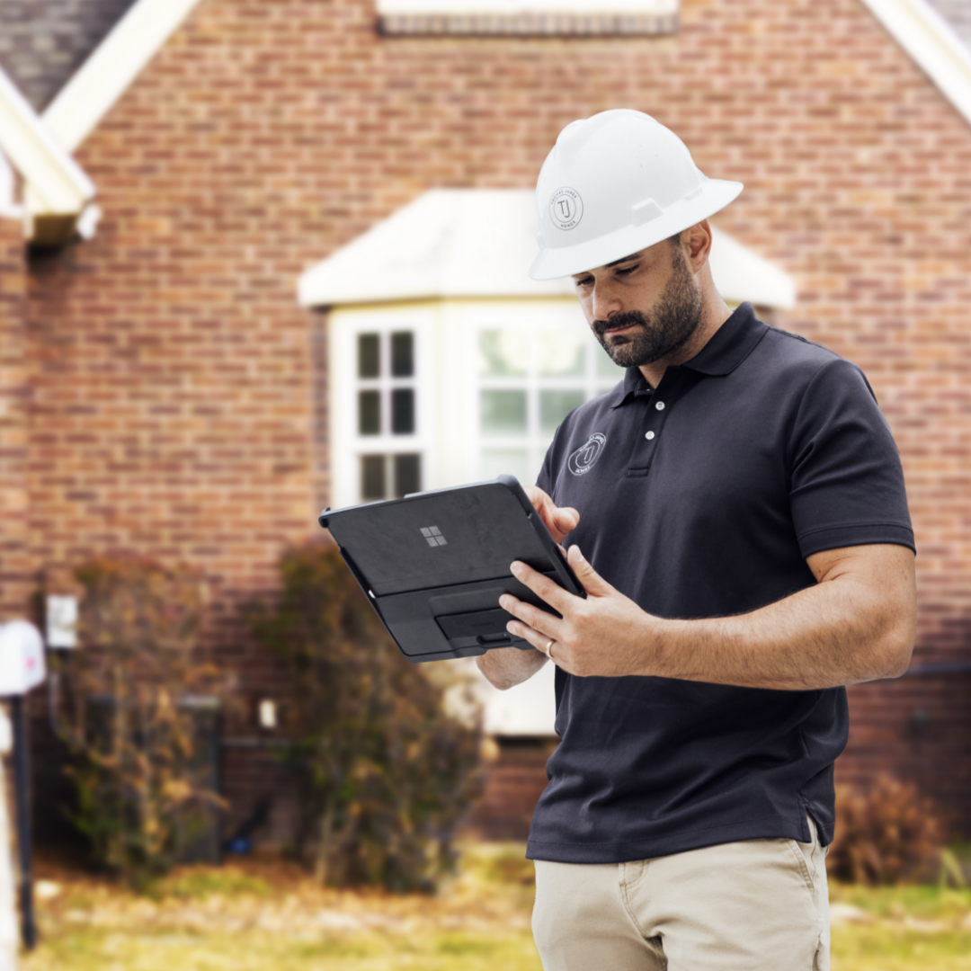 Man in construction hat overseeing project in front of brick house exterior