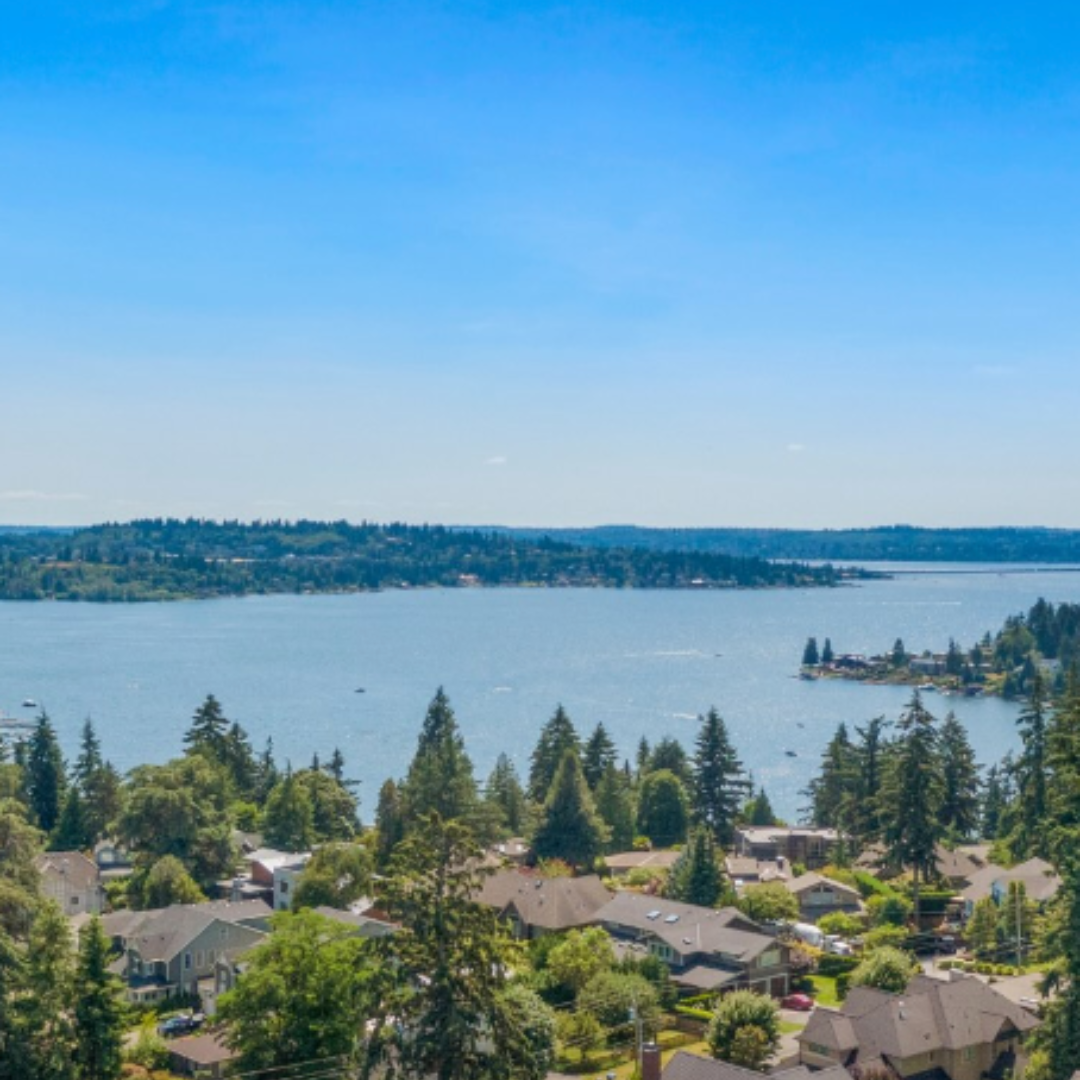 Aerial image of PNW skyline + waterfront