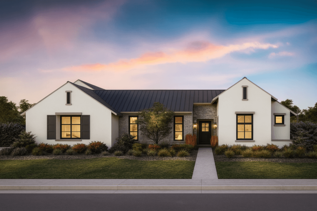 Modern single-story house with white exterior walls, dark roof, and large windows. A straight path leads to the front door, surrounded by neatly landscaped shrubs and trees, with a sunset sky in the background.
