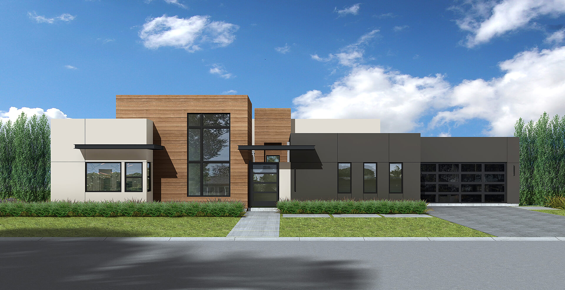 A modern suburban house with a stone and stucco exterior, black-framed windows, and a double garage, surrounded by landscaped garden beds, under a colorful sunset sky.