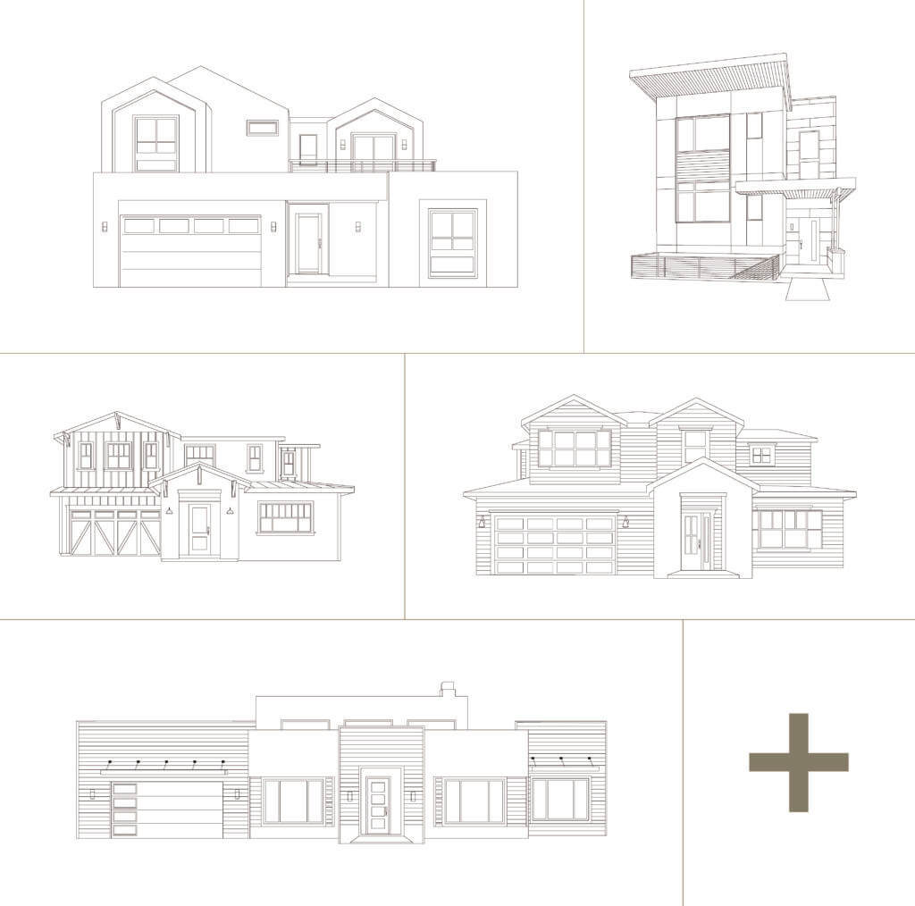 Grid of black-and-white line drawings showing multiple residential home front elevations in different architectural styles, arranged in panels.