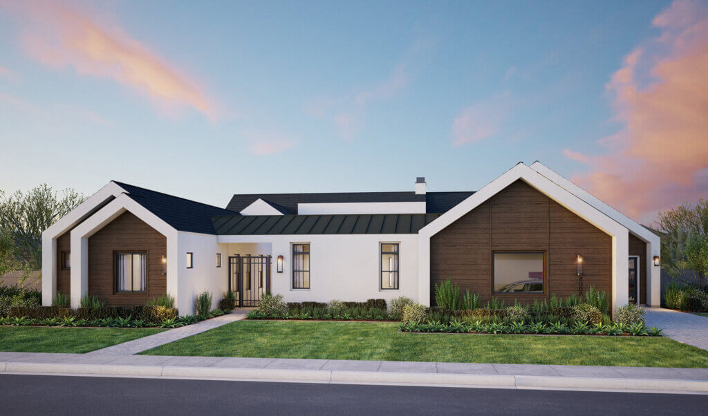 TJH Desert Willow rendering — modern elevation with white walls, dark roof, wood accents, and glass entry