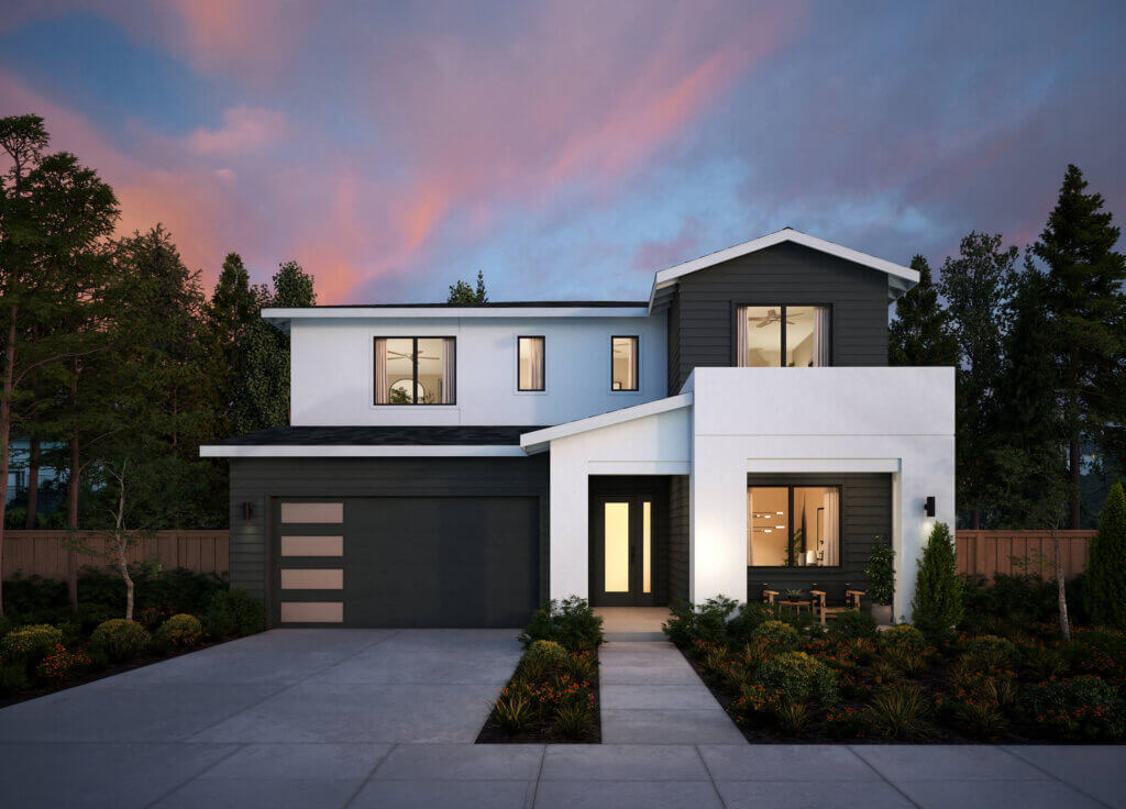 Front exterior rendering of a contemporary two‑story TJH home with white and dark charcoal façades, flat and pitched rooflines, large windows, an attached garage, and landscaped yard, shown at dusk with interior lights glowing.