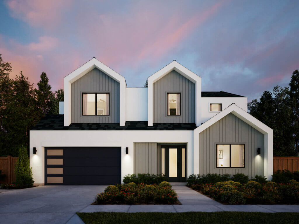 TJH Verbena rendering — traditional elevation with gray and white gable exterior, large windows, and black double garage