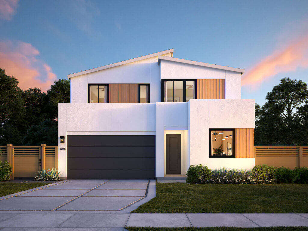 TJH Wisteria rendering — modern elevation with curated finishes and Southern California curb appeal.