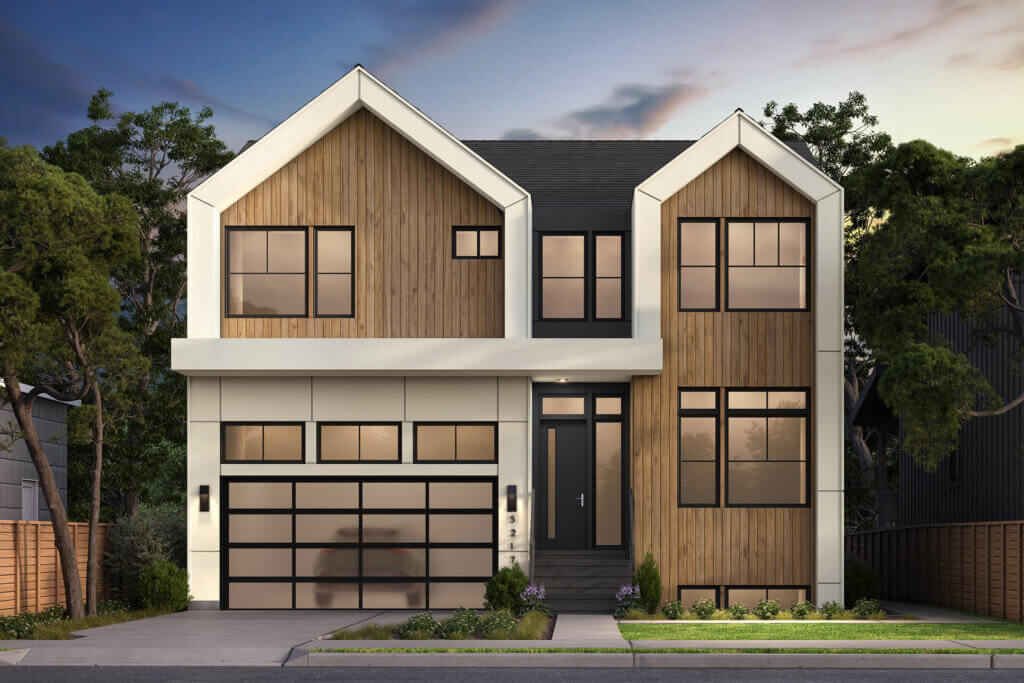 Modern two-story house with wood and white panel exterior, large black-framed windows, and a double garage with frosted doors, set among trees in a suburban neighborhood at dusk.