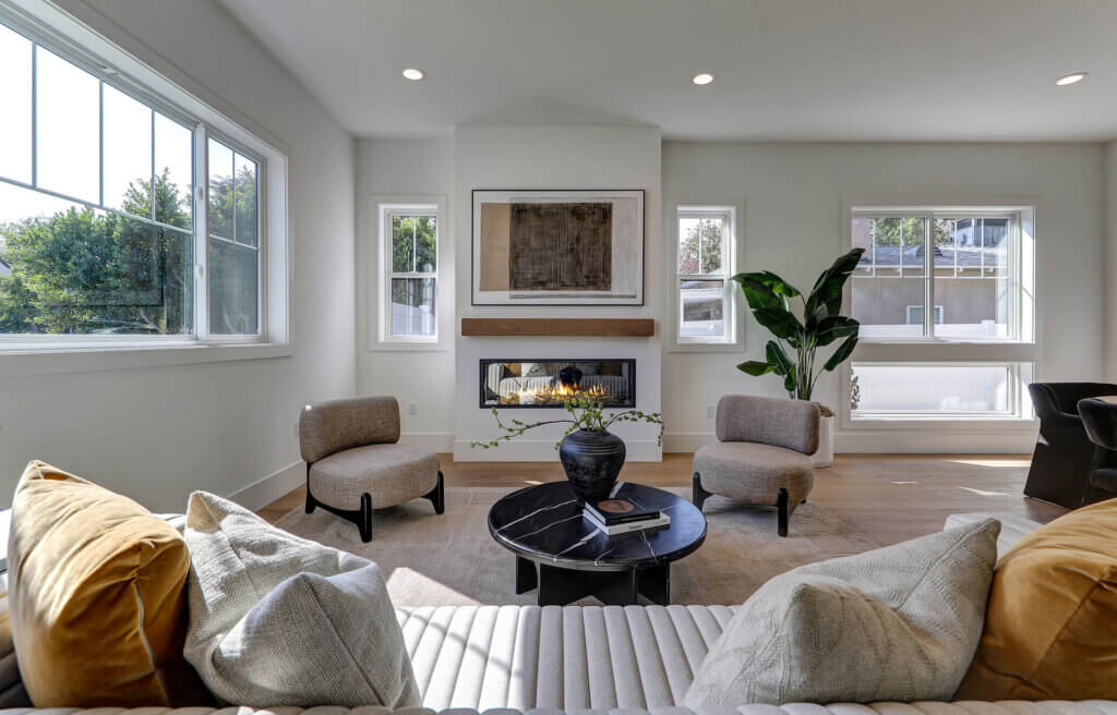 TJH Willow living room in Southern California featuring marble countertops and a bright, modern aesthetic.