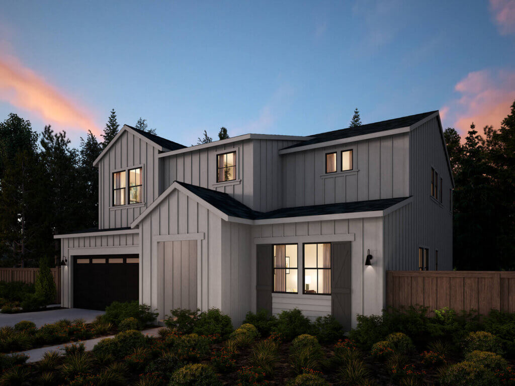 TJH Verbena rendering — farmhouse elevation with gray siding, black-framed windows, dark double garage, and warm lighting