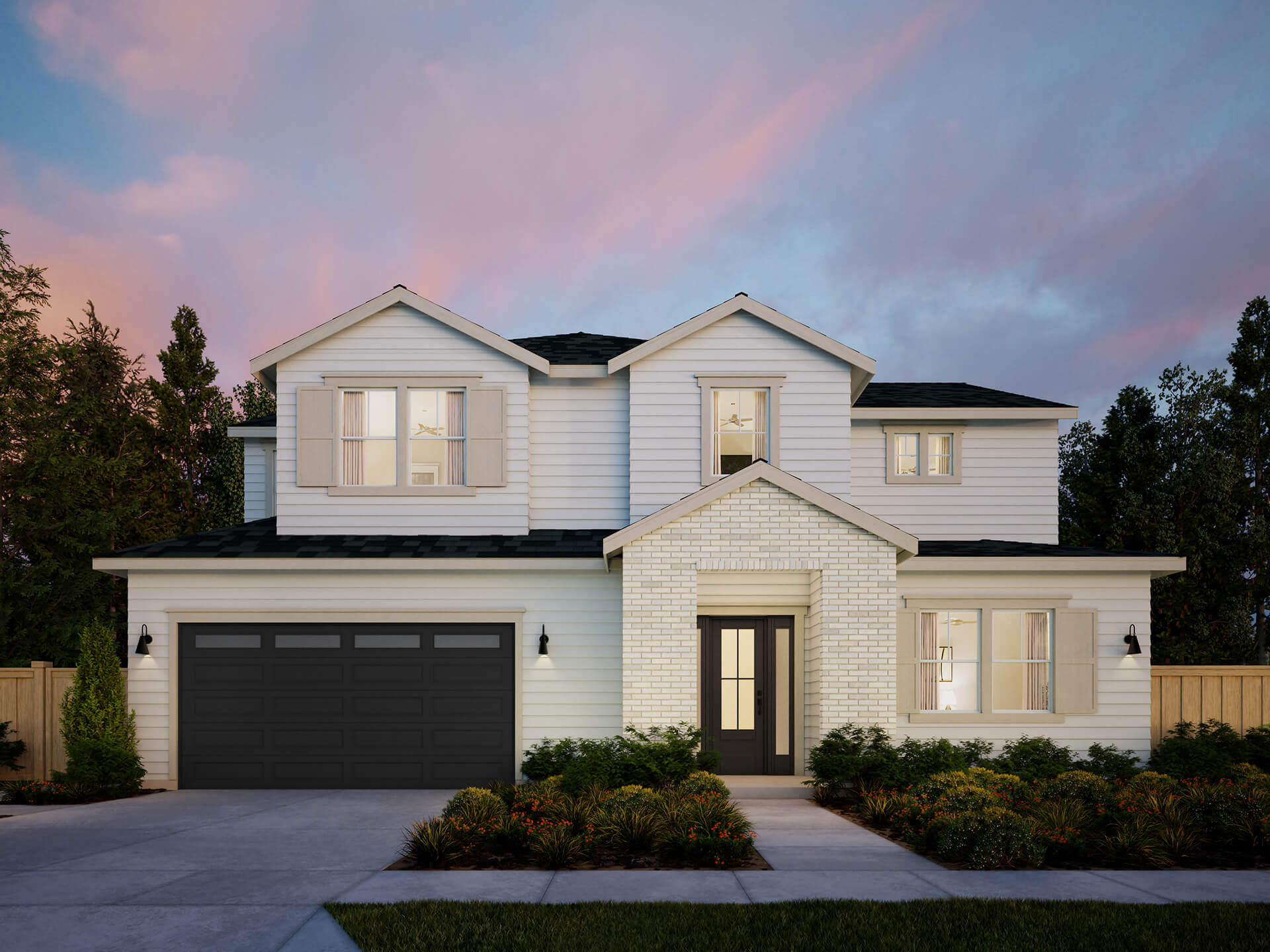 TJH Verbena rendering — farmhouse elevation with white siding, black roof, double front doors, and two-car garage