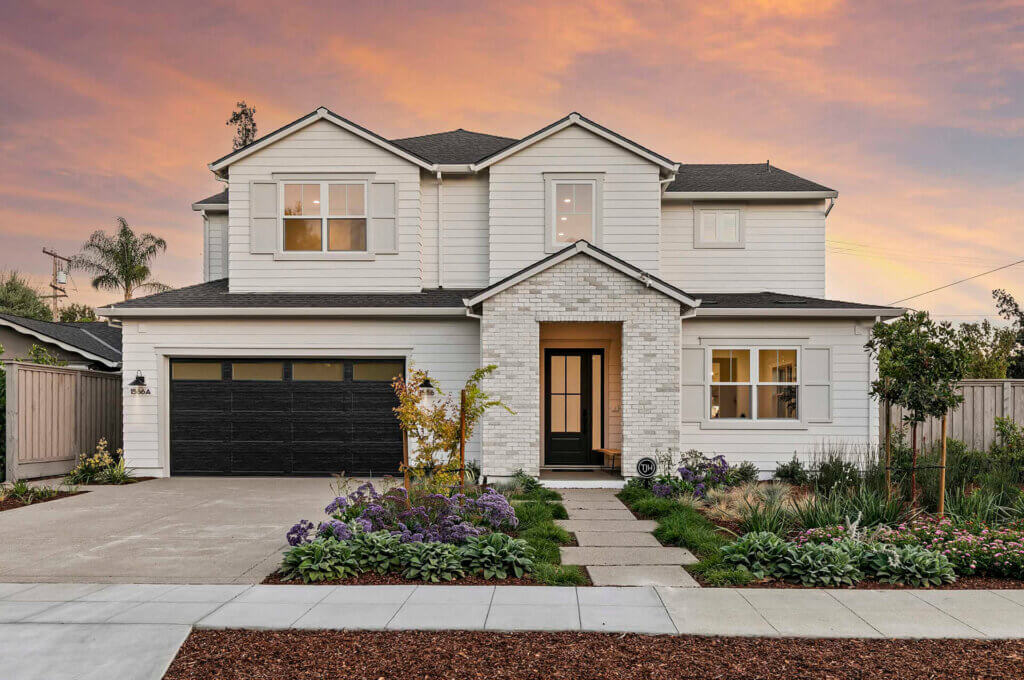 TJH Verbena — white two-story with black-framed windows and black garage door