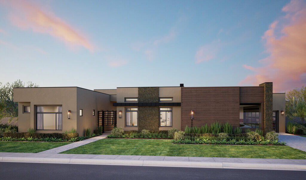 TJH Desert Willow rendering — modern desert-contemporary elevation with flat roof, stucco, stone, and large windows