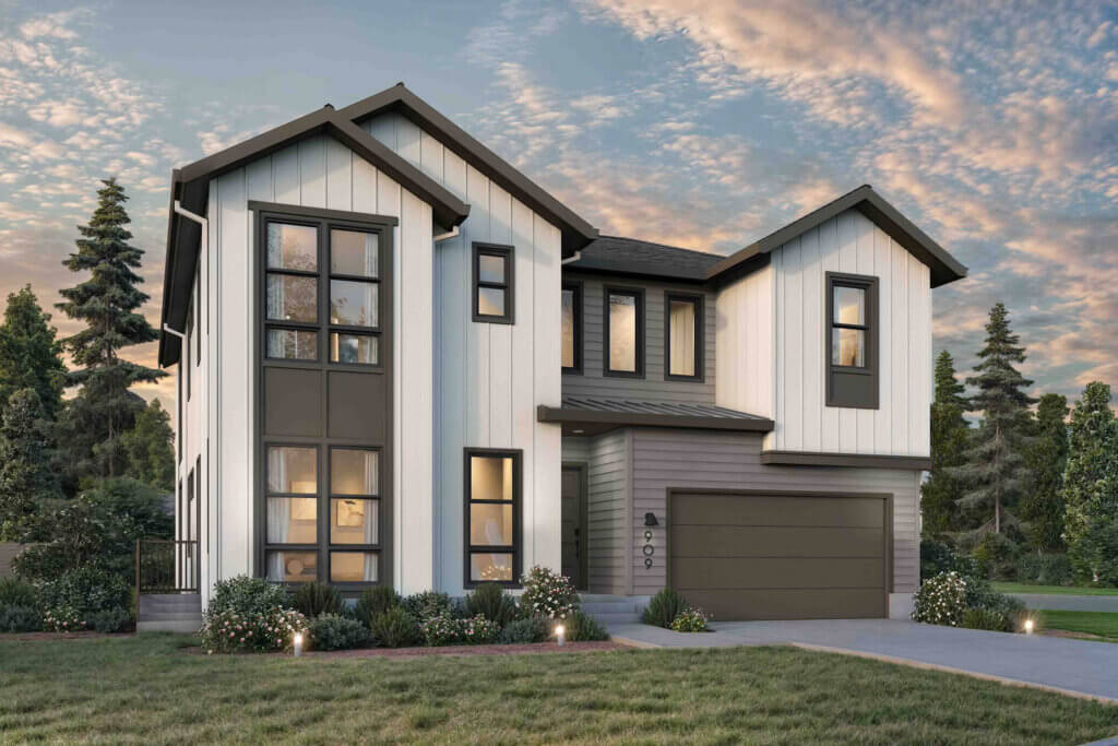TJH Magnolia rendering — transitional elevation with board-and-batten siding, large windows, and Pacific Northwest landscaping.