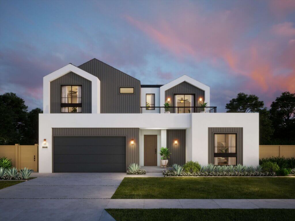 Thomas James Homes Southern California Olive floorplan with a Modern exterior style